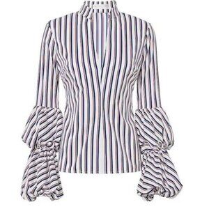New Greyson Puff Sleeve Stripe Blouse Luxury Feminine Chic V Neck Contemporary
